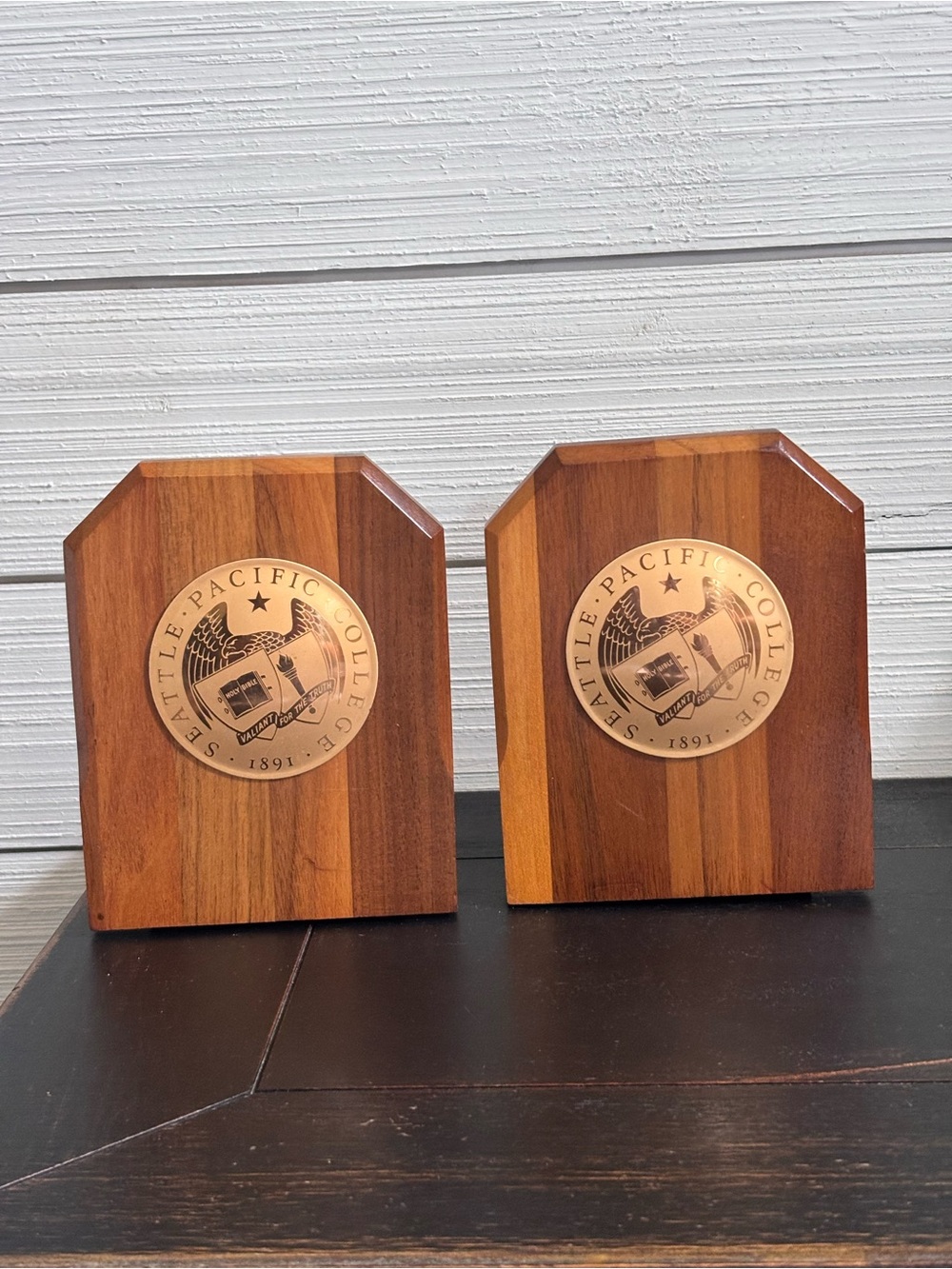 Vintage Seattle Pacific College 1891 Wooden Bookends SPU Collectible